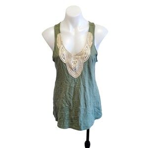 Kimchi Blue Boho Braided & Sequence Embroider Army Green Tank Top Zipper Back M